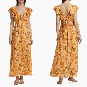 NWT Kivari Calypso Amelia Floral Ruffle Linen Blend Maxi Dress Yellow 4 Small